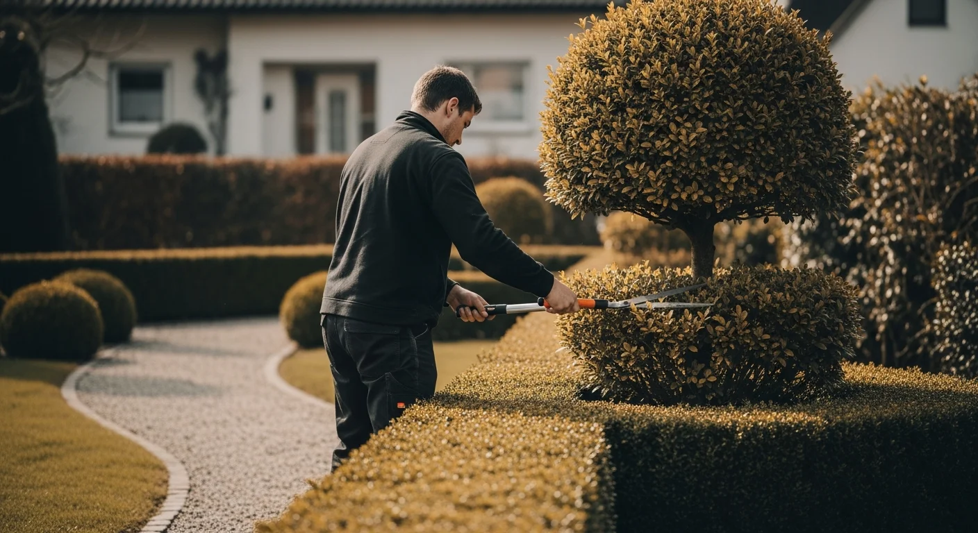 Pflegeschnitt an einer Buchsbaumhecke in einem Vorgarten in Wendlingen